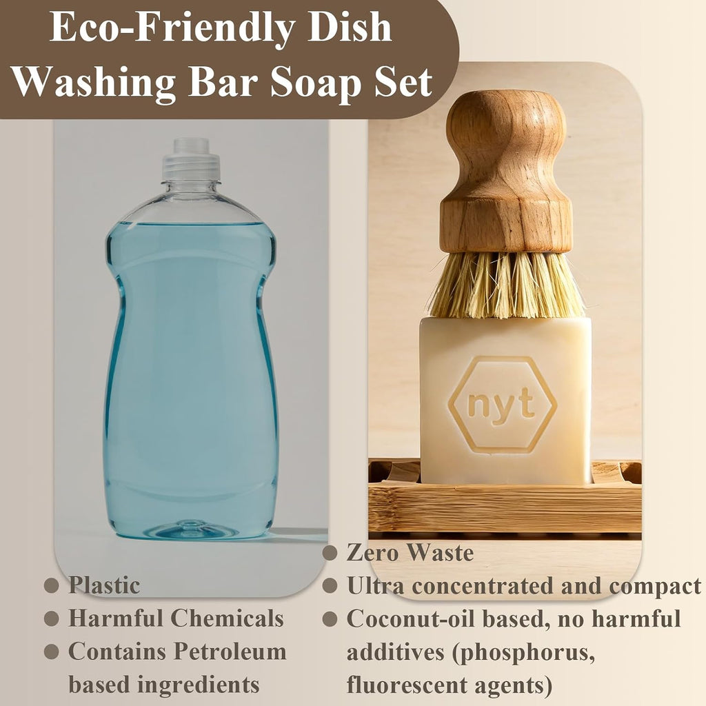Solid Dish Soap Bar Set with Bamboo Dish Scrubber and Soap Kitchen Dish