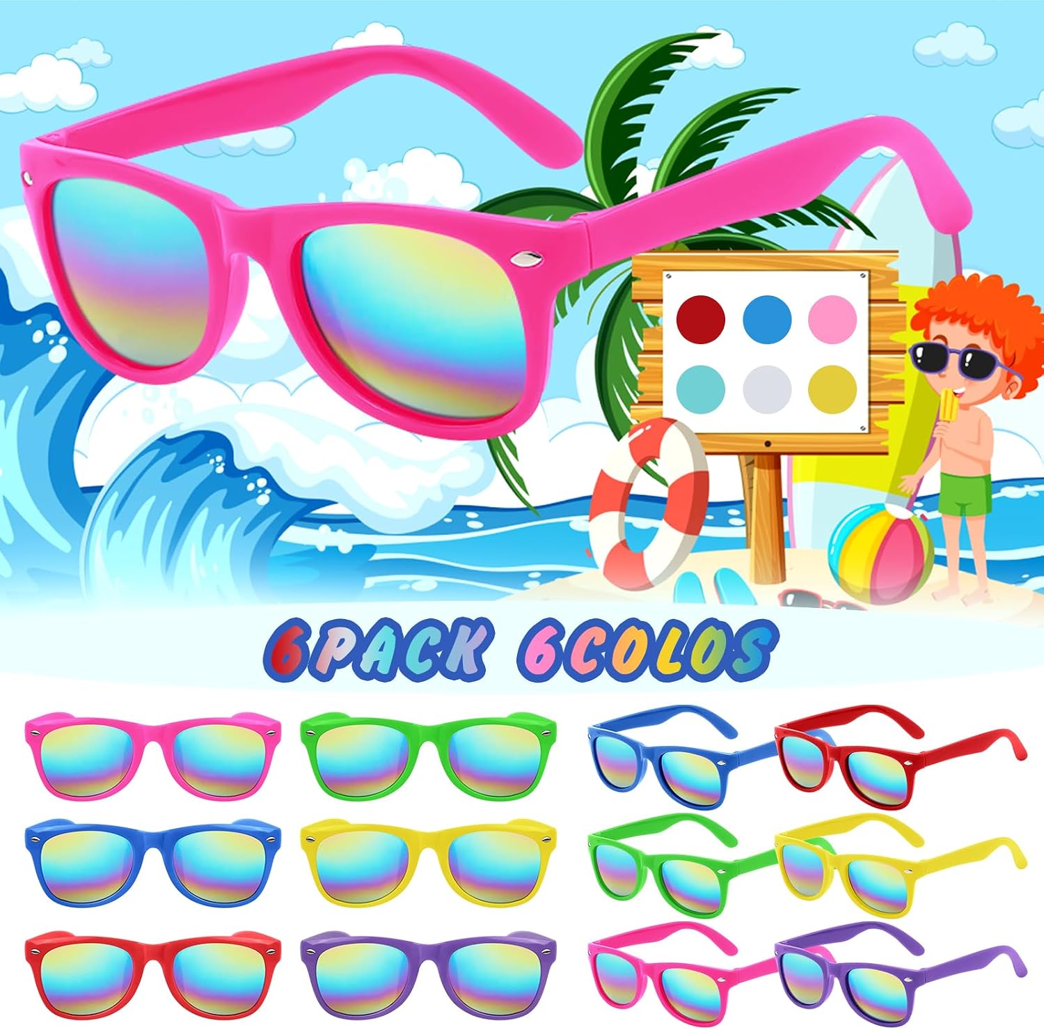 6Neon Kids Sunglasses Bulk with UV Protection,Summer Party Favors | Bright Color Eye Glasses Accessories for Boys