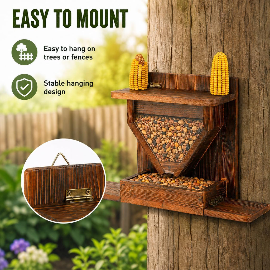 Large Wooden Squirrel Feeder Box for Outside, Window, Corn Holder, Platform