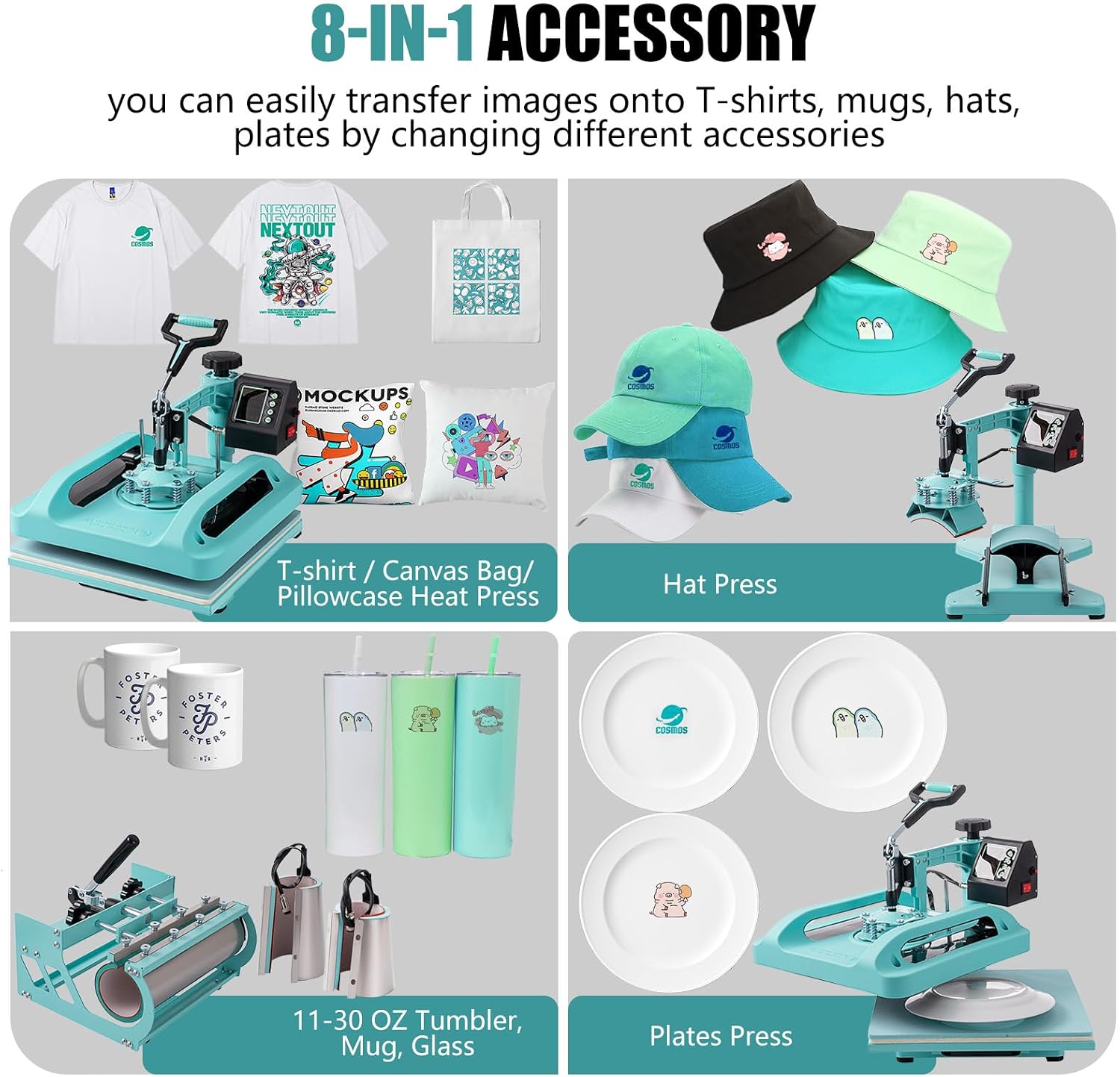 Heat Press 15x15 Inch, 8 in 1 Heat Press Machine with 30 OZ Tumbler Attachment, Professional Sublimation Machine for