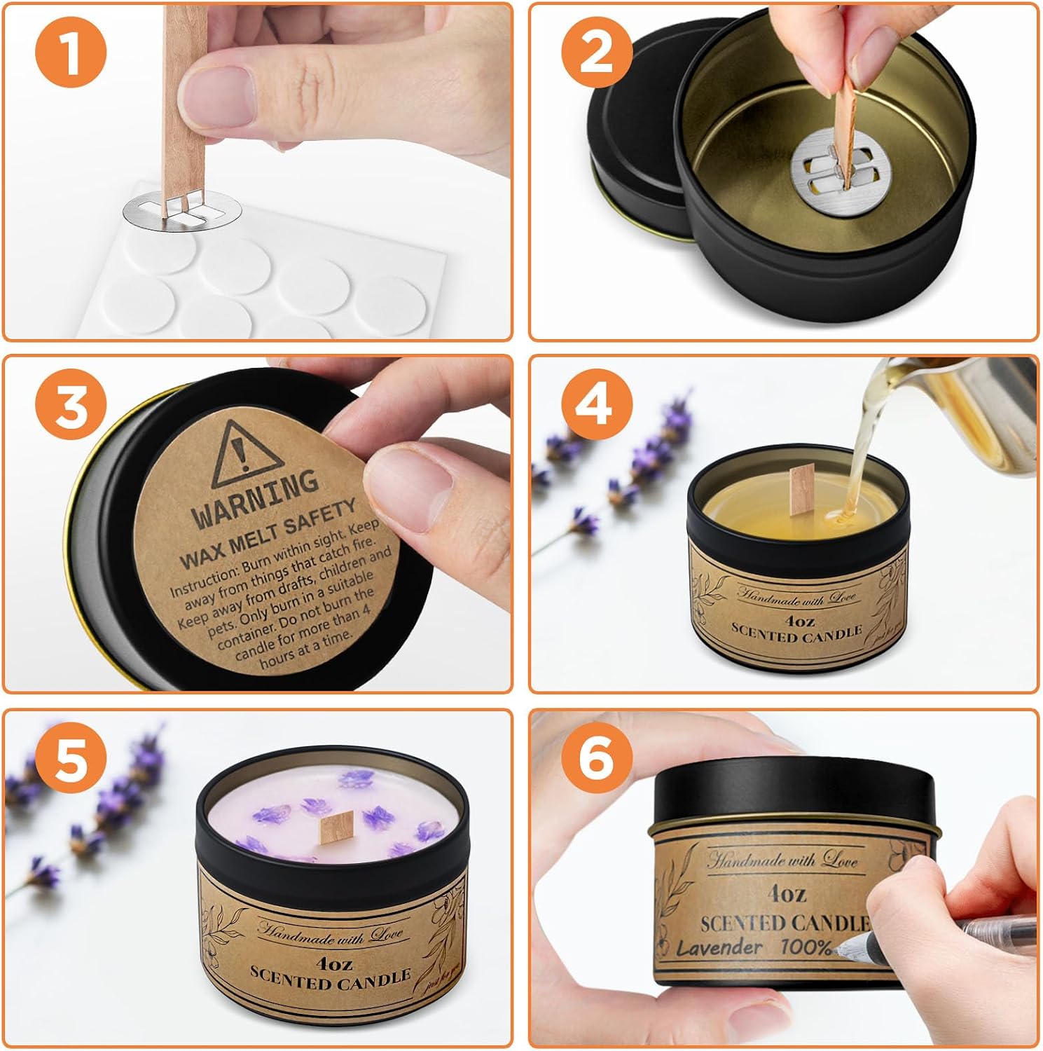 4oz Candle Tins with Lids, 24 Set DIY Candle Making Kit Includes Bulk Tins, Wood Wicks, Stickers, Wick Holders &