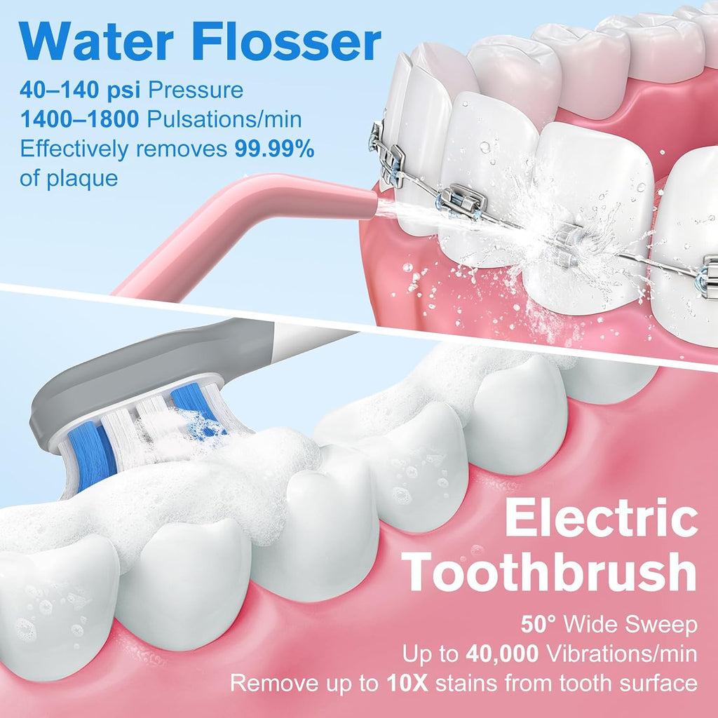 2-in-1 Water Flosser & Electric Toothbrush Combo for Family Use – Portable Oral Care Kit with Multiple Modes,Large