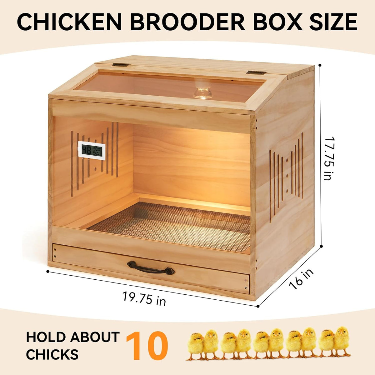 Brooder Box for Chicks, Wooden Chicken Brooder with Heat Lamp
