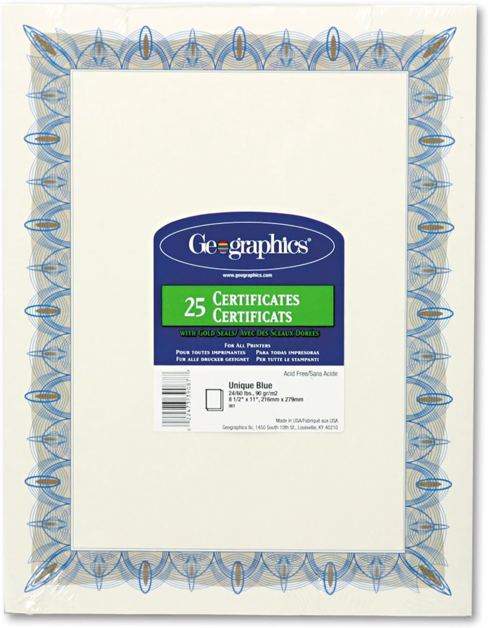 39087 Award Certificates w/Gold Seals, 8-1/2 x 11, Unique Blue Border, 25/Pack
