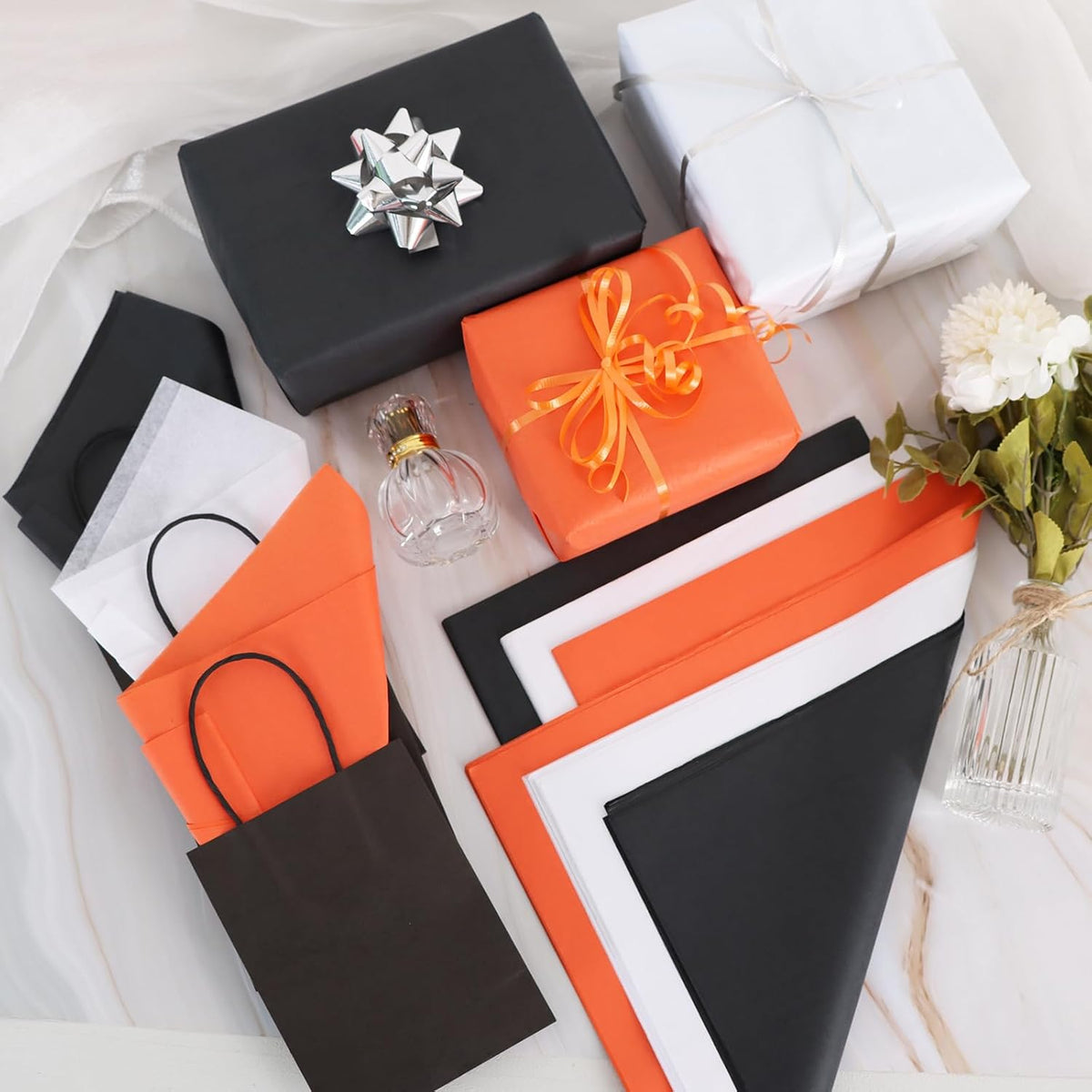 90 Sheets Orange Black White Tissue Paper Bulk for Gift Wrapping