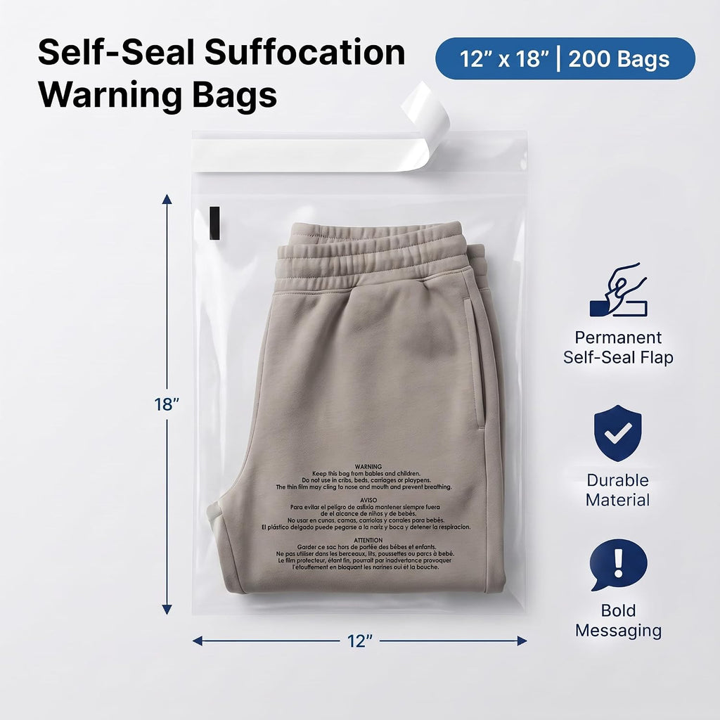 12” X 18” (200 Count) Self Seal Clear Poly Bags with Suffocation Warning
