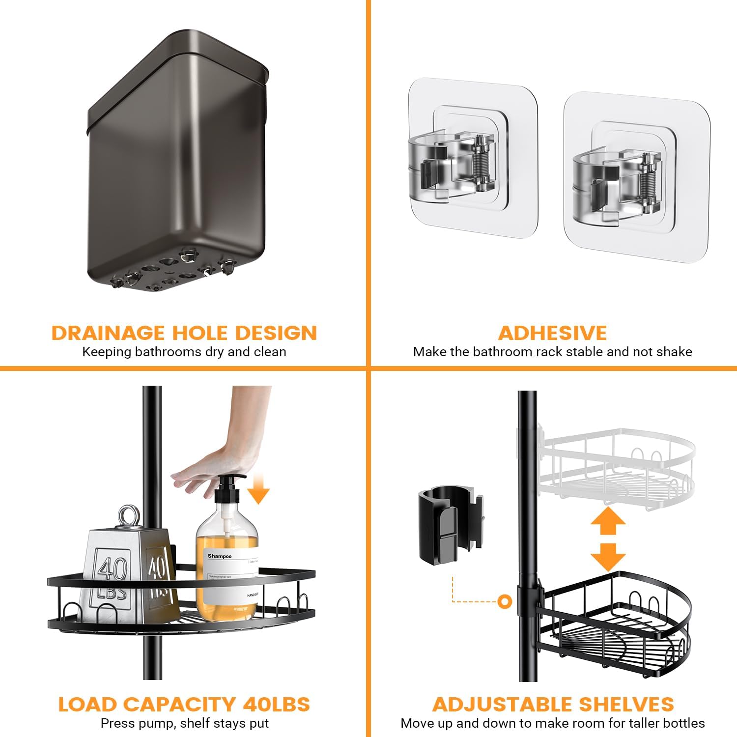 Adjustable Tension Pole Shower Caddy: Rustproof Corner Bathroom Organizer | 4-Tier 31-124" No Drill Standing Shelves