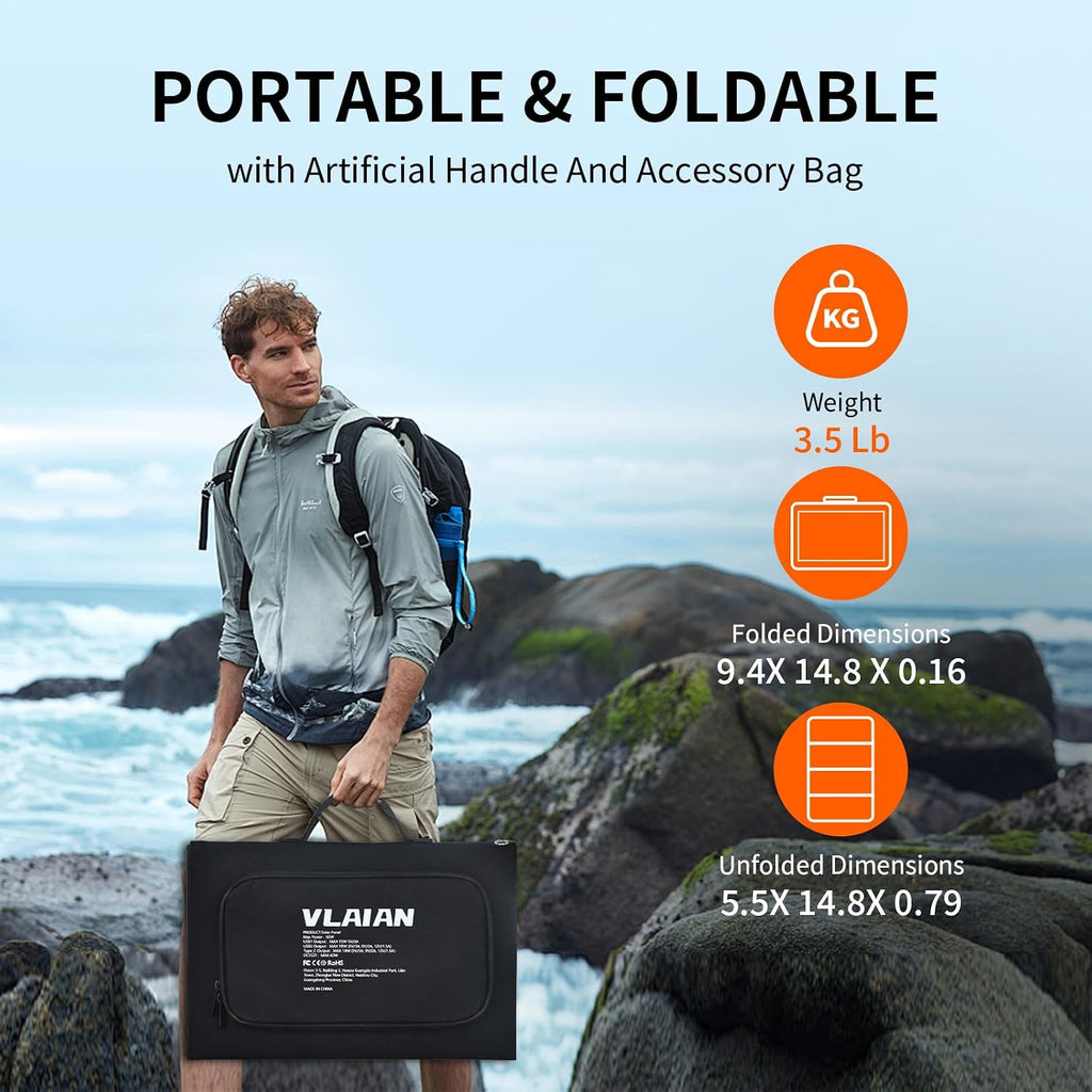 60W Portable Solar Panel,60 Watt Foldable Solar Panels Chargers with QC3.0 USB-A USB-C DC5521,IP67 Waterproof Power