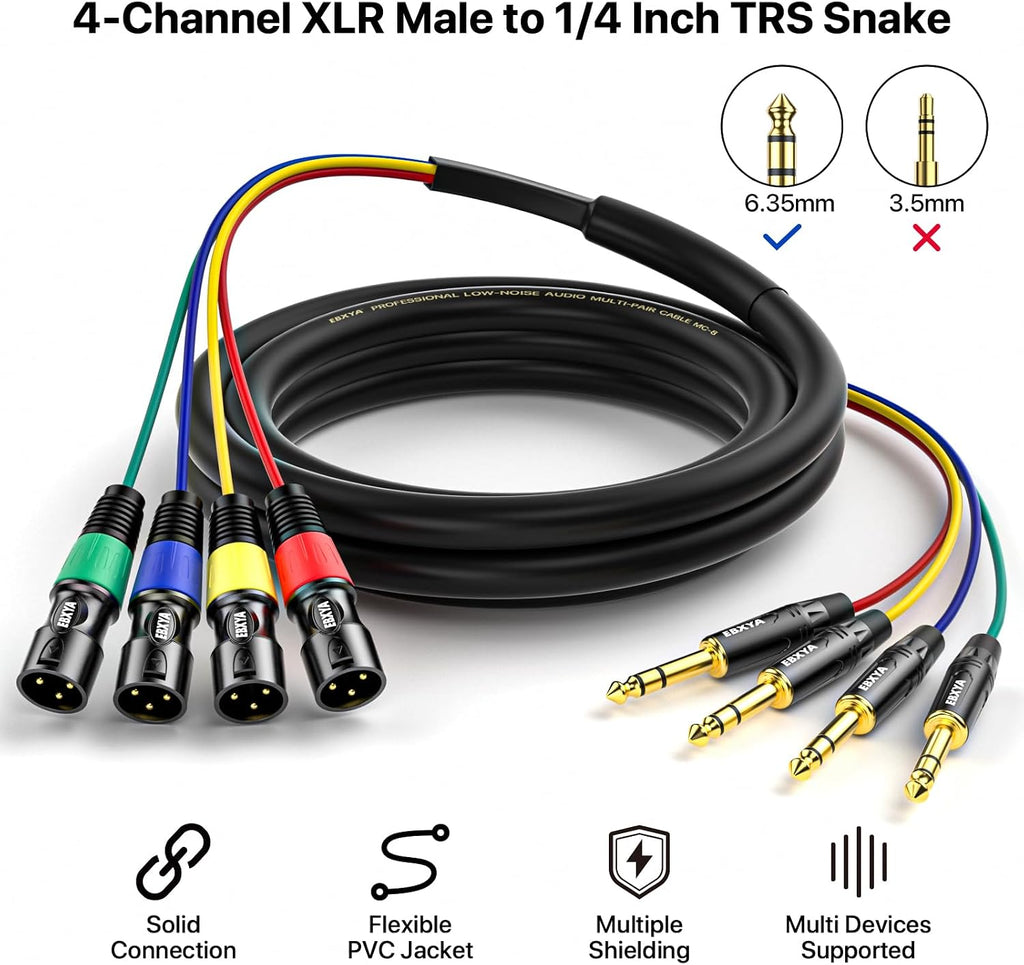4 Channel XLR Male to 1/4 Inch TRS Snake Cables,Recording Snake Cable | 6.35mm Male Jack Stereo Audio Balanced Line