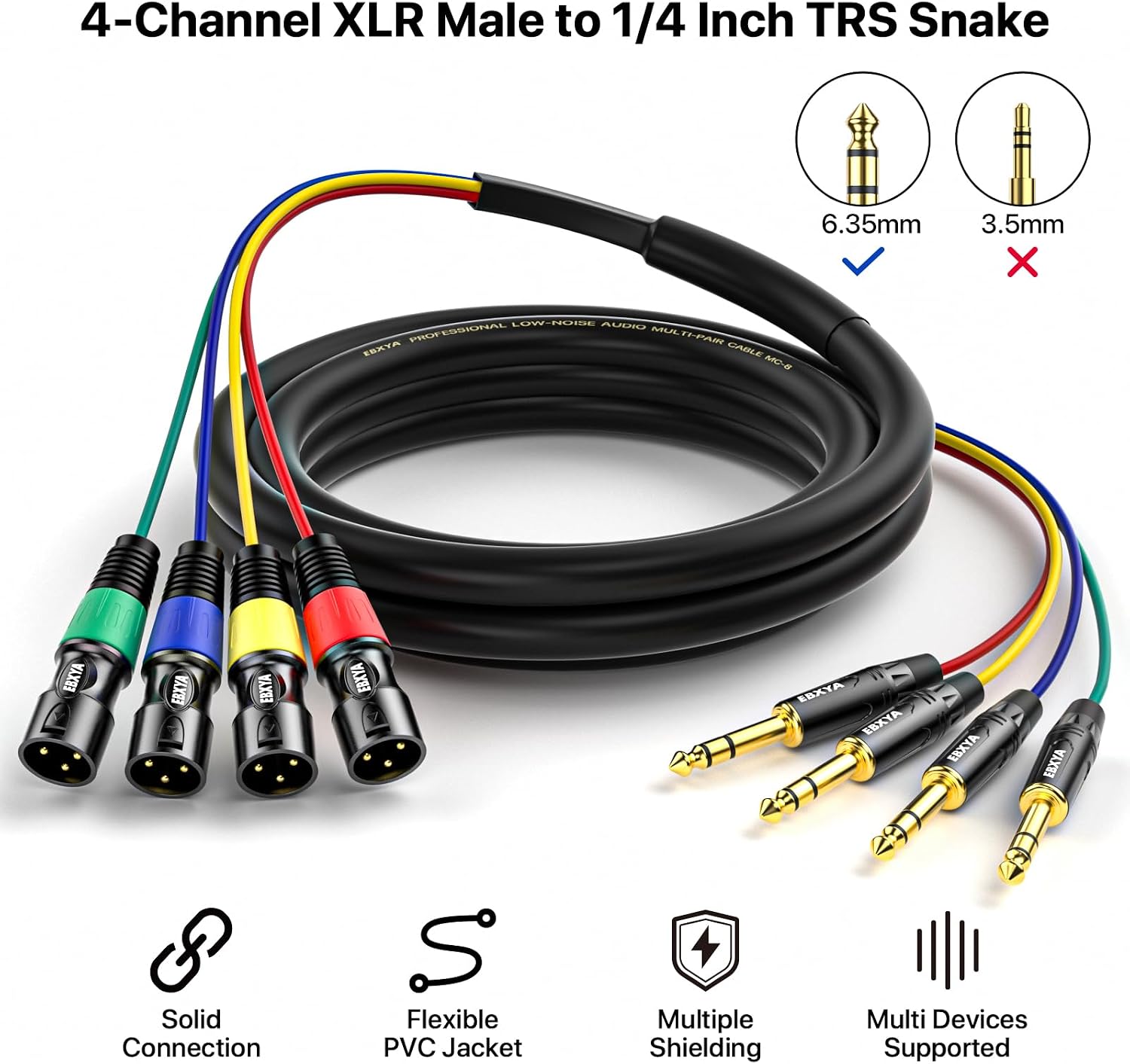 4 Channel XLR Male to 1/4 Inch TRS Snake Cables,Recording Snake Cable | 6.35mm Male Jack Stereo Audio Balanced Line