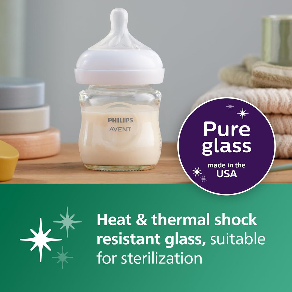 Natural Glass Baby Bottles with Natural Response Nipples (Slow Flow, Flow 2), 4oz, 4-Pack, SCY910/04