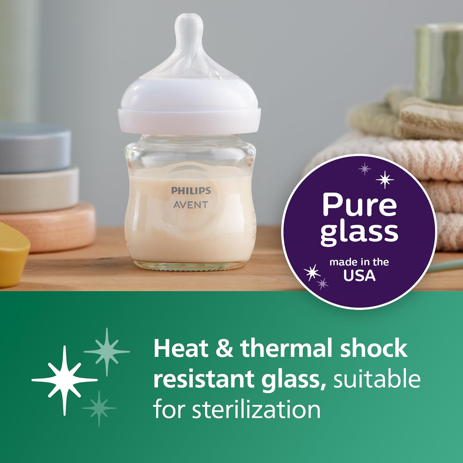 Natural Glass Baby Bottles with Natural Response Nipples (Slow Flow, Flow 2), 4oz, 4-Pack, SCY910/04