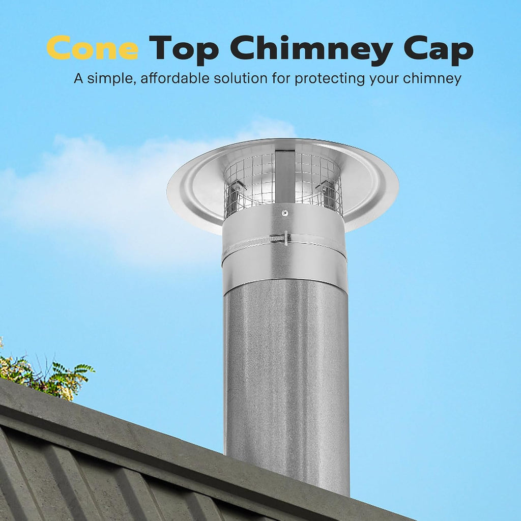 6" Cone Top Chimney Cap with Screen, Round Roof Rain Chimney Cover, Galvanized Steel Fireplace Exhaust Cap