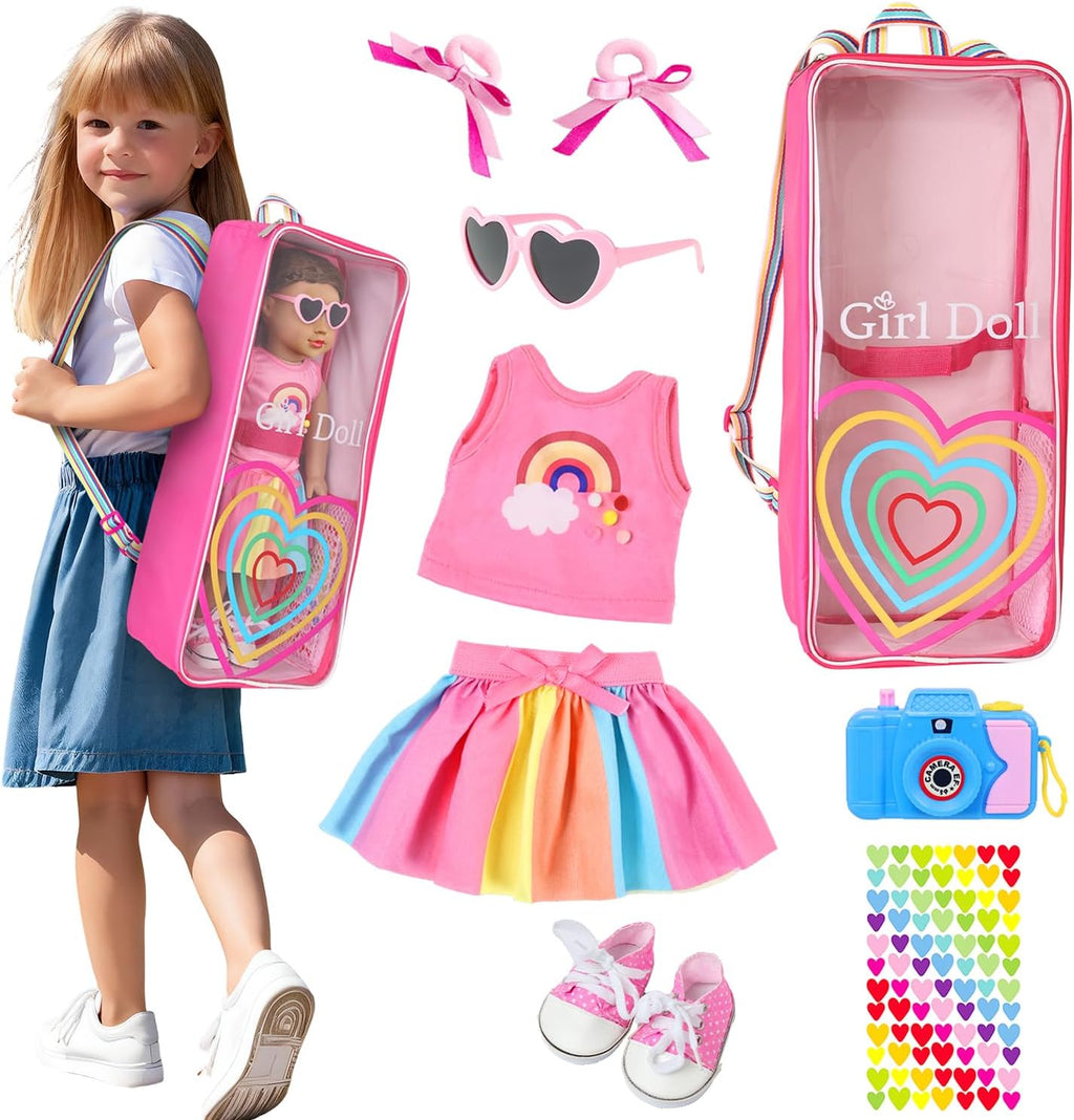 18" Girl Doll Carrier Backpack Rainbow Heart Style Playset, 9-Piece Accessory Collection with Bag, Hair Bows
