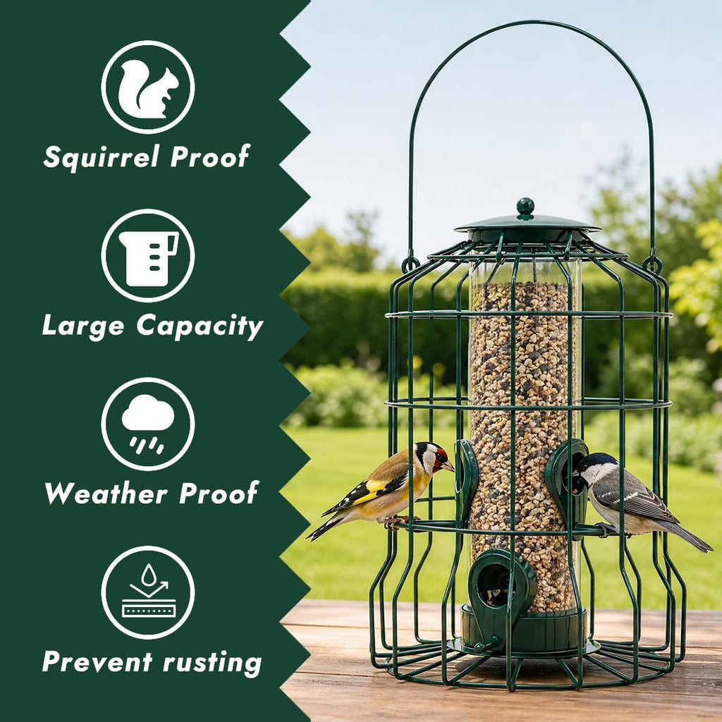 Squirrel Proof Bird Feeder, Metal Caged Outdoor Hanging Seed Feeder with Rainproof Cover & 4 Feeding Ports, Chew