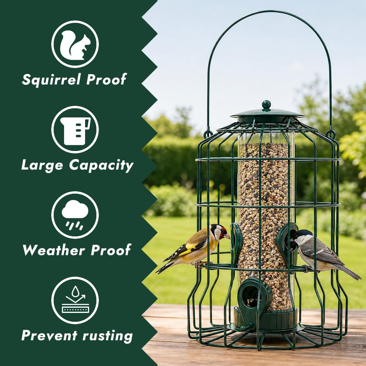 Squirrel Proof Bird Feeder, Metal Caged Outdoor Hanging Seed Feeder with Rainproof Cover & 4 Feeding Ports, Chew