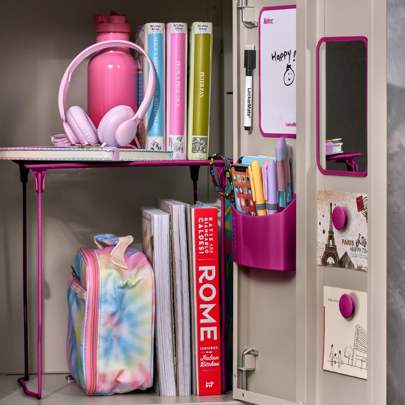 7-Piece Locker Organizer Kit, Includes Locker Shelf, Mirror, Whiteboard, Storage Cup & Dry Erase Marker, Pink