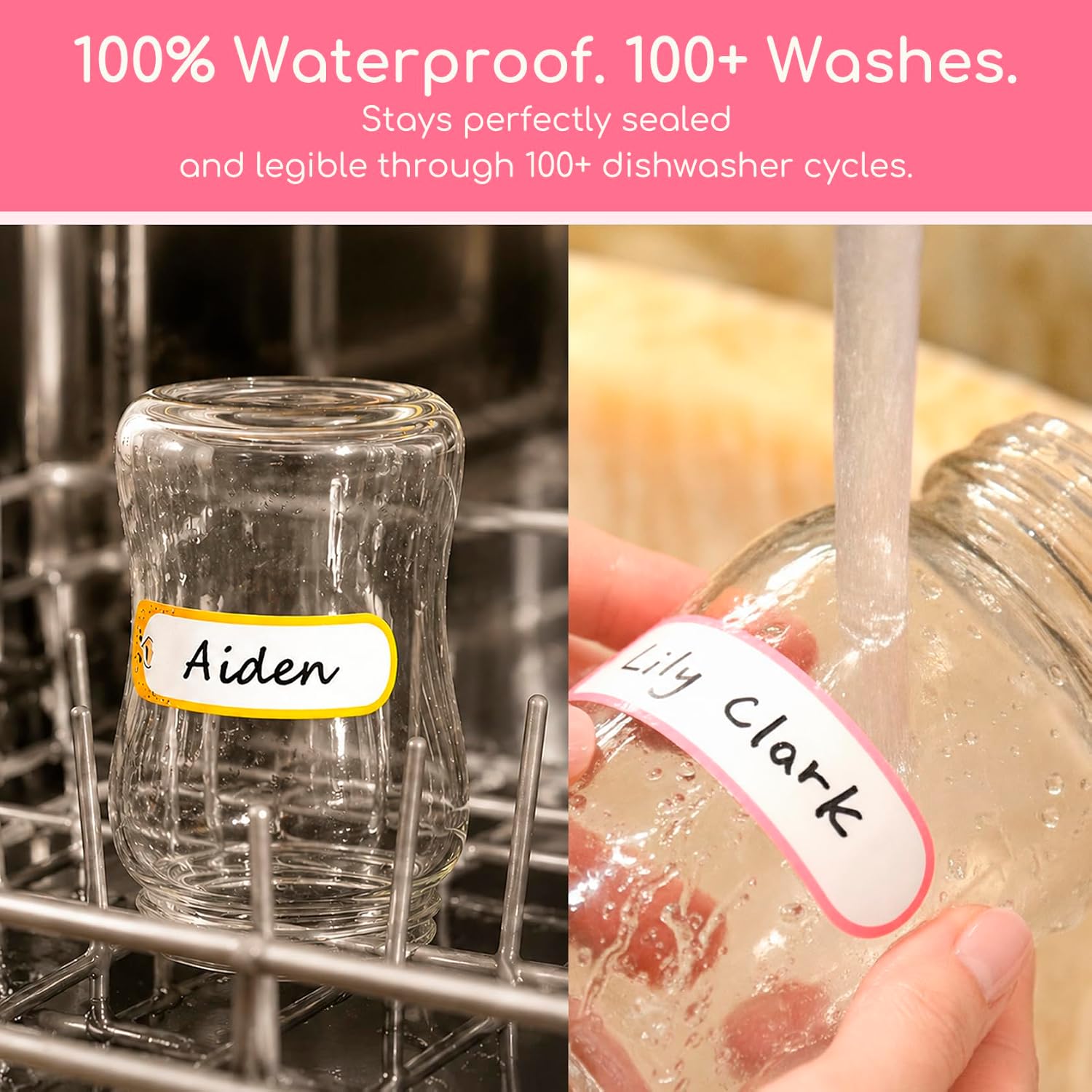 Baby Bottle & Daycare Name Labels, 64-Pack | Self-Laminating Waterproof Stickers, Dishwasher Safe Write-On Tags for