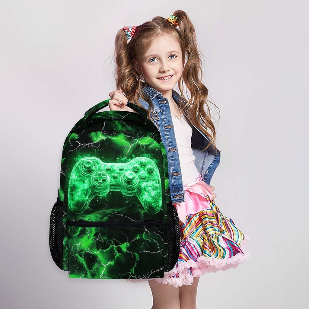 Kids Backpack, Cool Green Gamer Bookbag for Boys 6-8, Boys Gift for Birthday, 17 Inch Leisure Backpack for School
