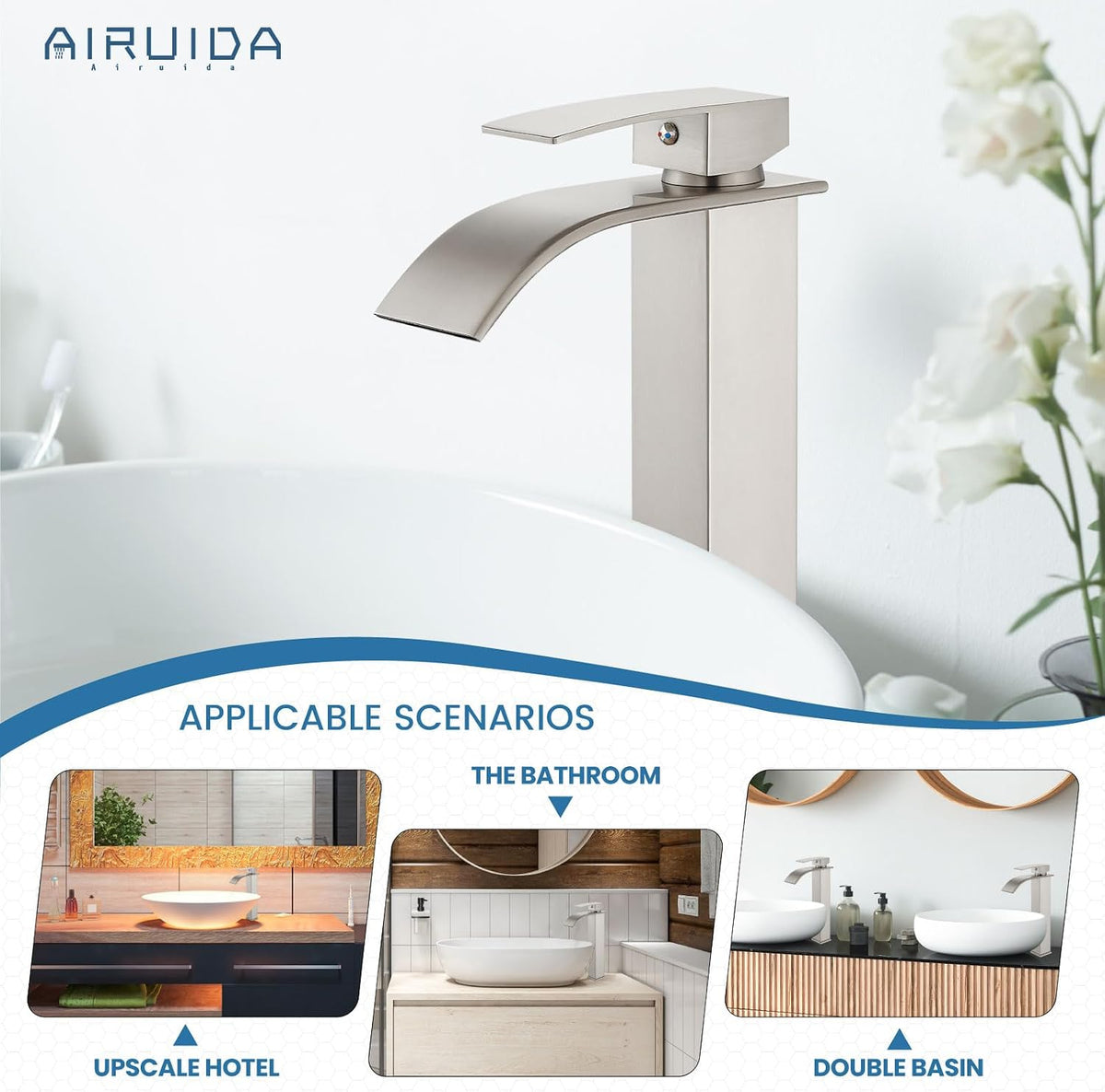 Vessel Sink Faucet,Nickel Tall Waterfall Faucet No Drain