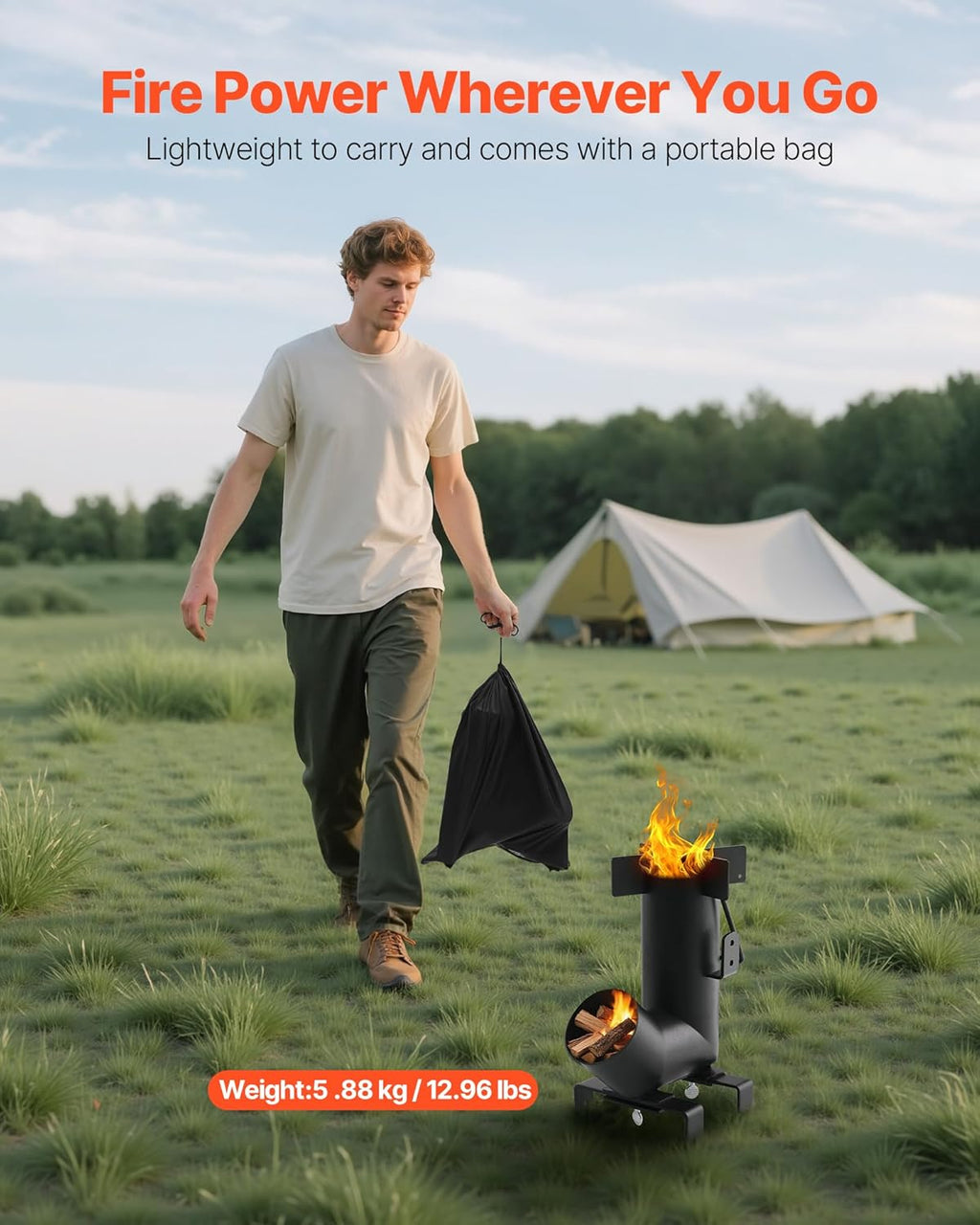 Camping Rocket Stove, Wood Burning Portable Rocket Stove with Carrying Bag for Backpacking, Carbon Steel, Burn Wood