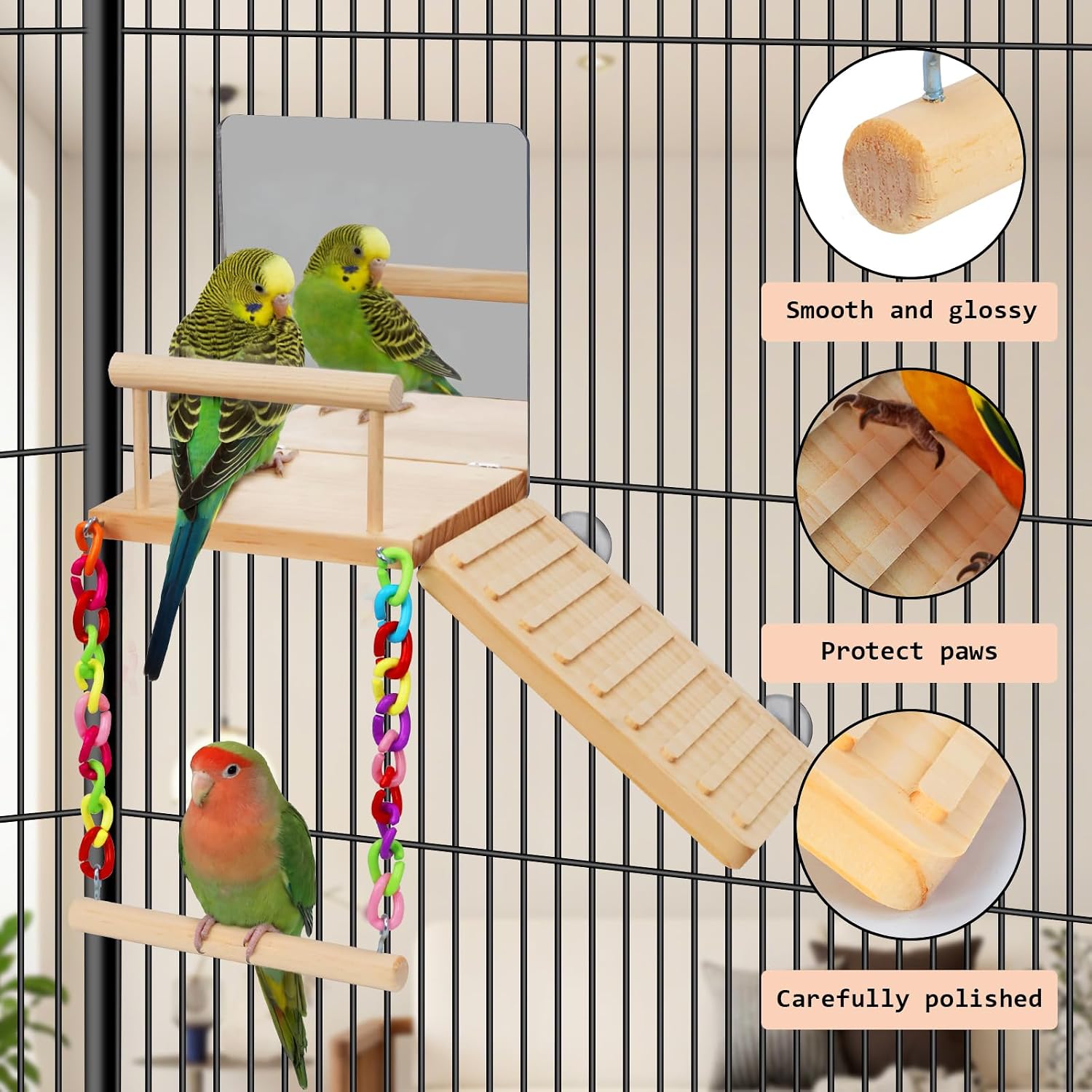 Bird Perches Swing Platform with Bird Mirror Birds Ladder Toys | Climbing Ladder Cage Accessories for Cocktail