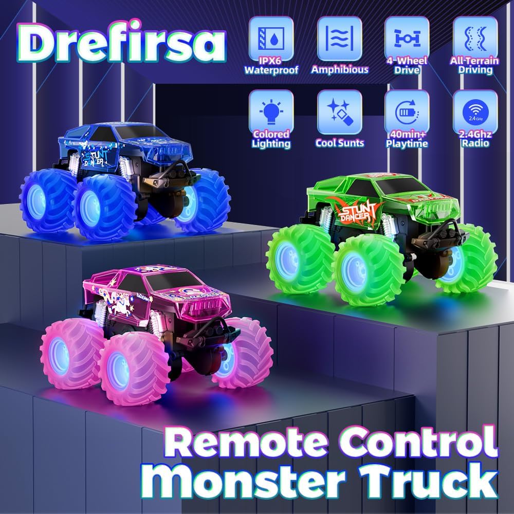 Pink Monster Truck, Unicorn Remote Control Car, 4WD All Terrain Off-Road Girl RC Truck with Colorful Light