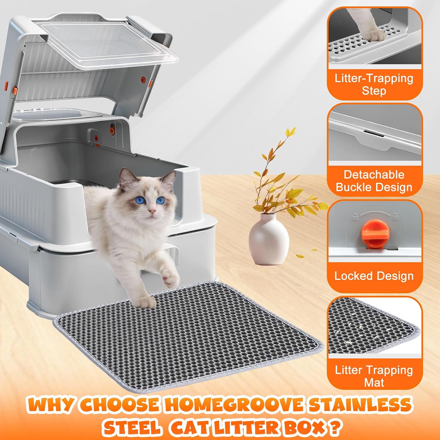 Enclosed Stainless Steel Cat Litter Box with Drawer, XL Large Metal Cat Box with Lid for Indoor Cats, Metal Covered