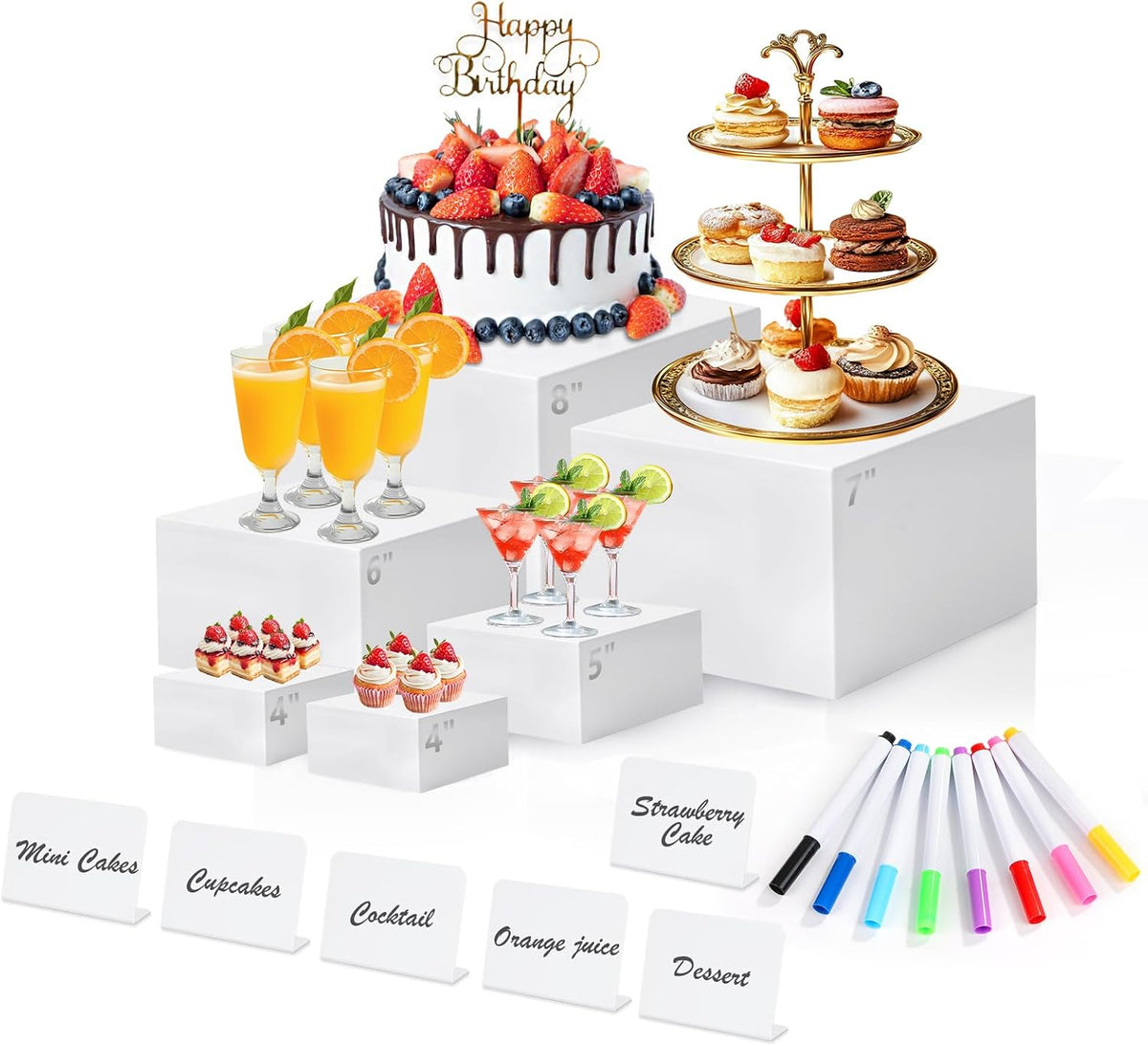 White Acrylic Buffet Risers and Stand Food Risers with Mini Sign and Maker