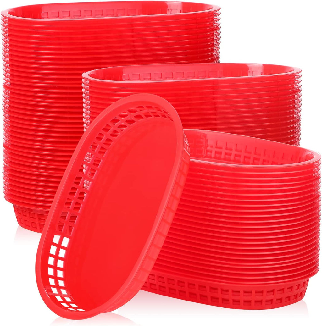 100 Pcs Red Plastic Food Baskets, 10.6x6.7" Oval Restaurant Tray