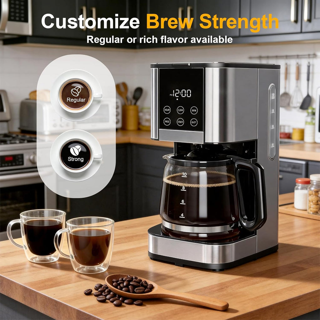 10 Cup Programmable Drip Coffee Maker, Adjustable Brew Strength, Pause & Serve, Heat Resistant Glass Carafe