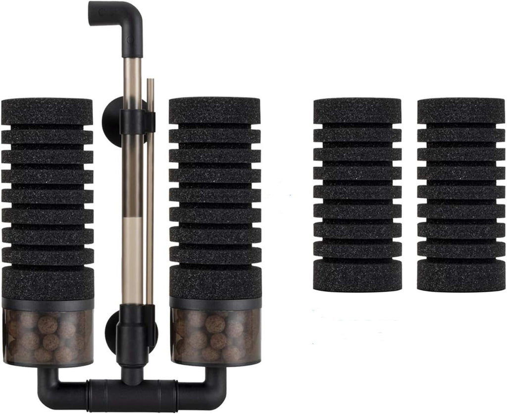 Aquarium Double Sponge Filter, Comes with 2 Spare Sponges, 1 Bag of Bio Ceramic Media Balls, Quiet Submersible Foam