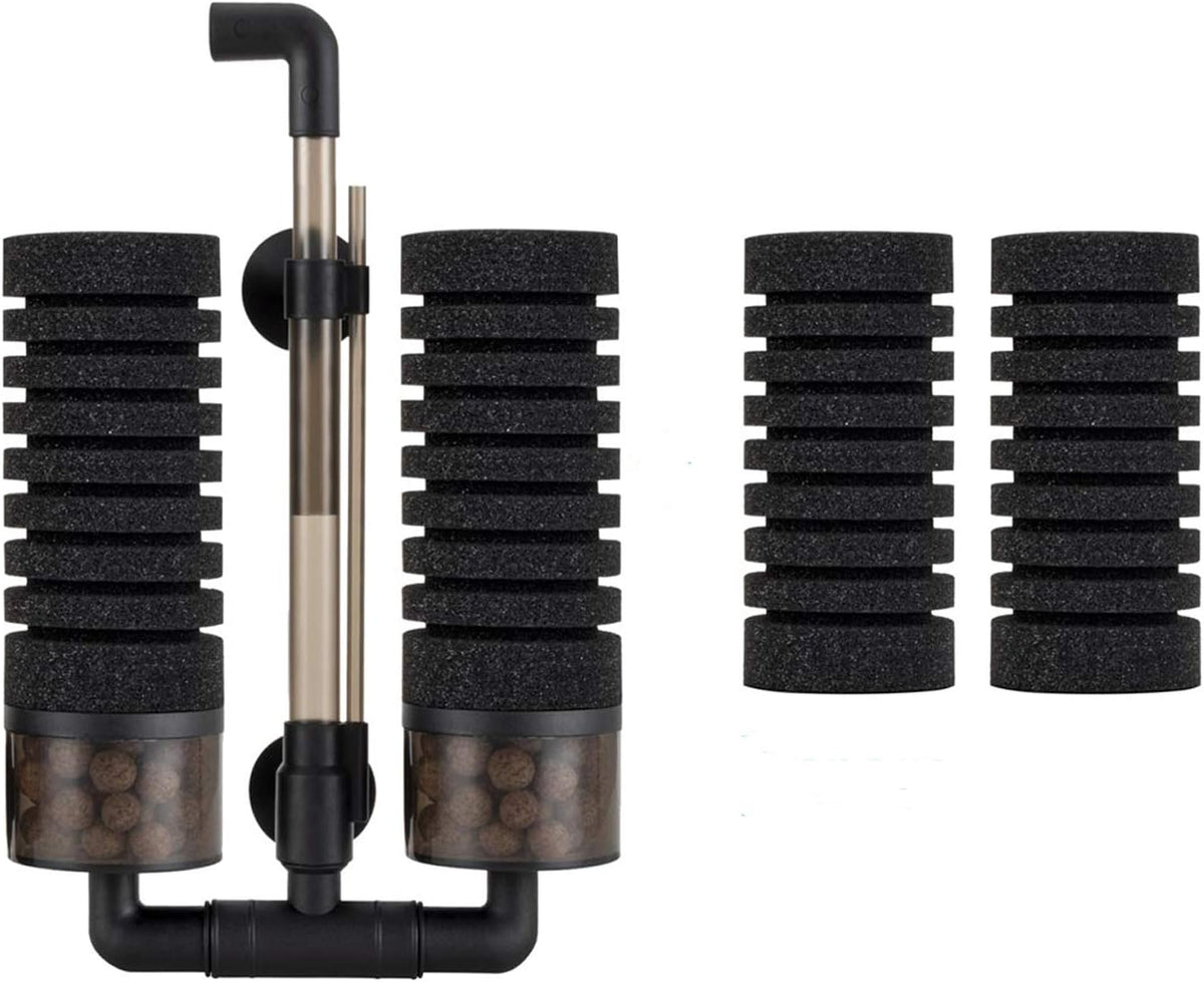 Aquarium Double Sponge Filter, Comes with 2 Spare Sponges, 1 Bag of Bio Ceramic Media Balls, Quiet Submersible Foam