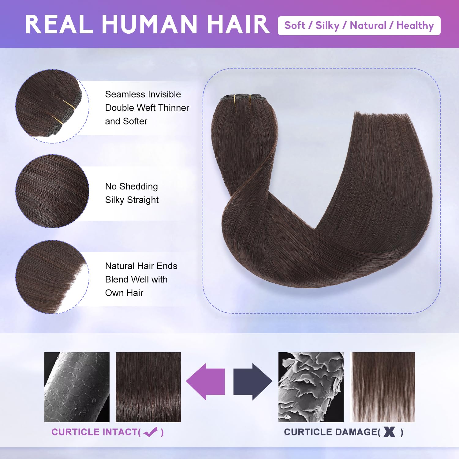 Dark Brown Invisible Clip in Hair Extensions Real Human Hair Weft Clip Ins | 16 Inch 90g, 8pcs Per Set, Double Weft