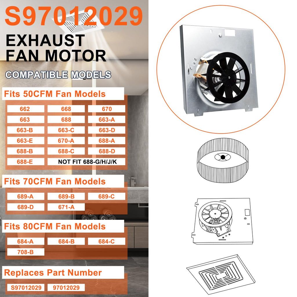 663-C/688-C 50CFM Fan, S97012029 Motor Assembly for Nutone Broan Bathroom Exhaust Fan 663/688, 663-E/688-E, 663-B/688-B, 663-A/688-A, 670, 671-A, 689-A/B/C/D, Bathroom Fan Motor Replacement 97012029.