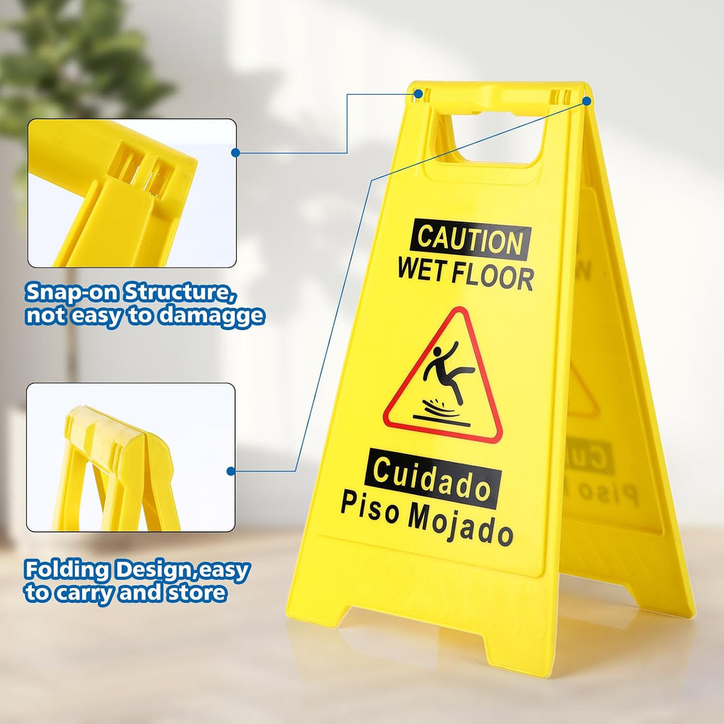 8-Pack Caution Wet Floor Sign,17.5" Height,Bright Yellow Double-Sided Folding A-Shaped Frame Design, Bilingual
