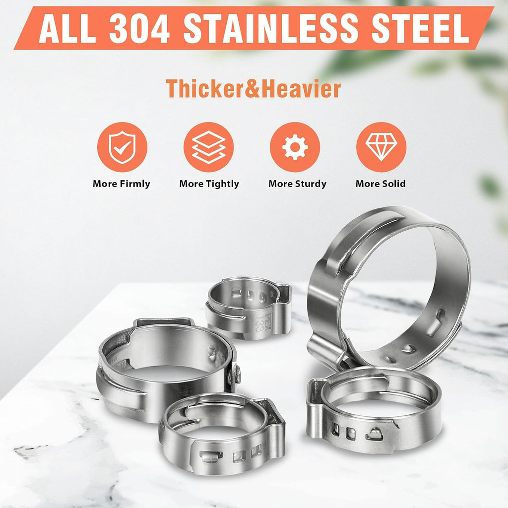 60pcs 3/4 inch PEX Cinch Clamps Rings, 304 Stainless Steel Single Ear Hose Clamps, Pex Crimp Rings for PEX Tubing Pipe Fitting Connections