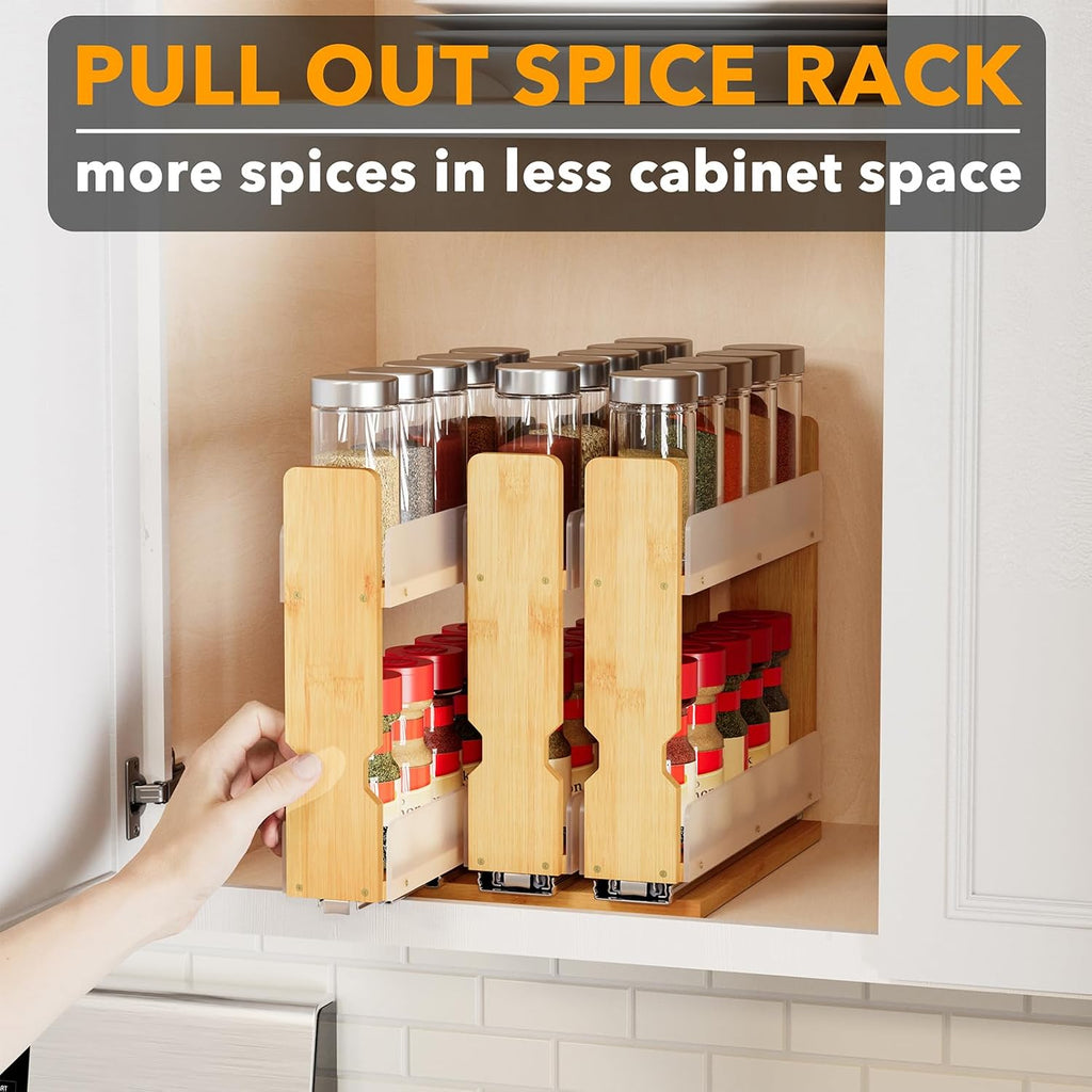 Bamboo Pull Out Spice Rack Organizer for Cabinet, Heavy Duty Slide Out Seasoning Kitchen Pantry Sliding Vertical