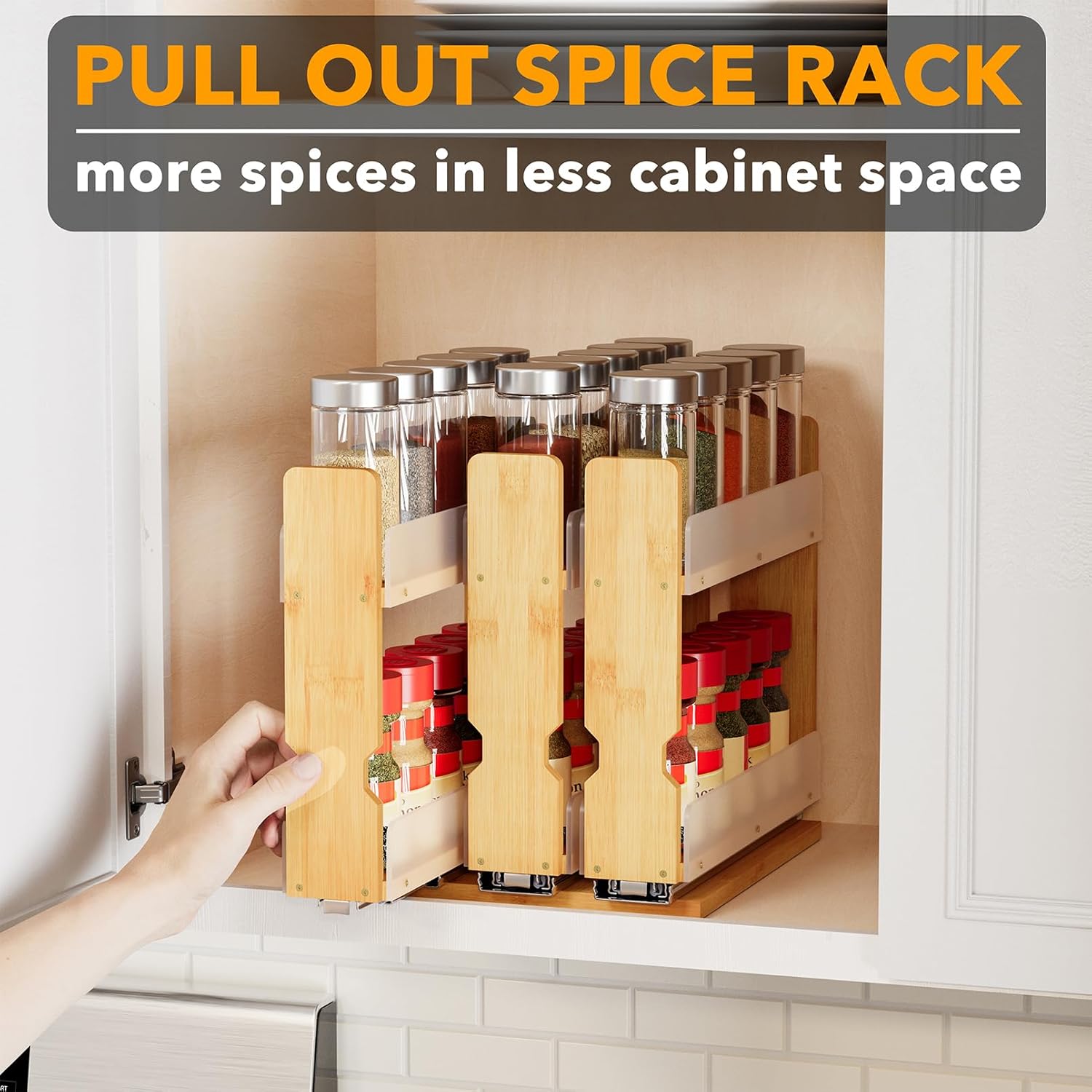 Bamboo Pull Out Spice Rack Organizer for Cabinet, Heavy Duty Slide Out Seasoning Kitchen Pantry Sliding Vertical