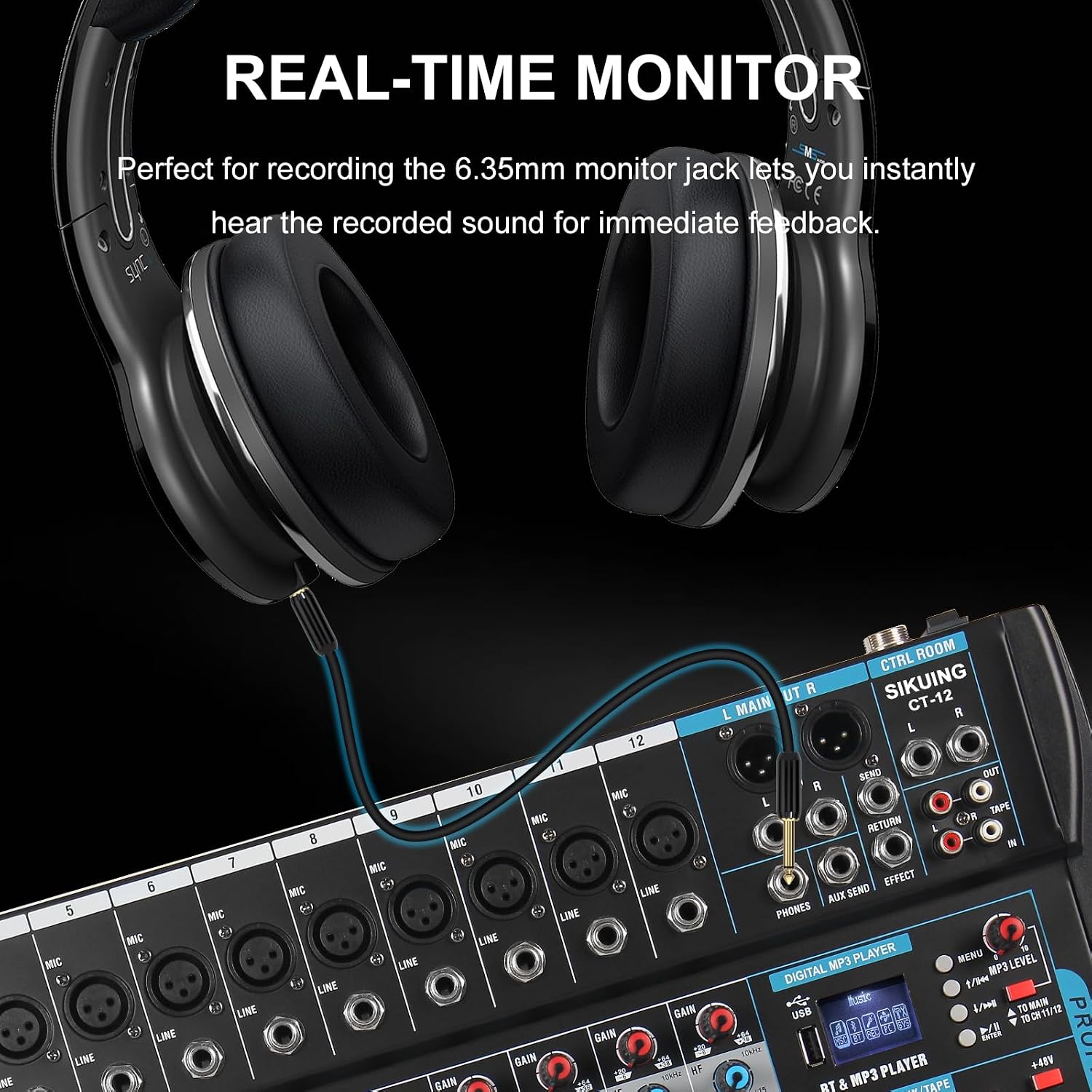 12 Channel Audio Interfacer Sound Board Mixer DJ Mixer 16-Bit DSP Effect USB Audio Mixer +48V Phantom Power Bluetooth