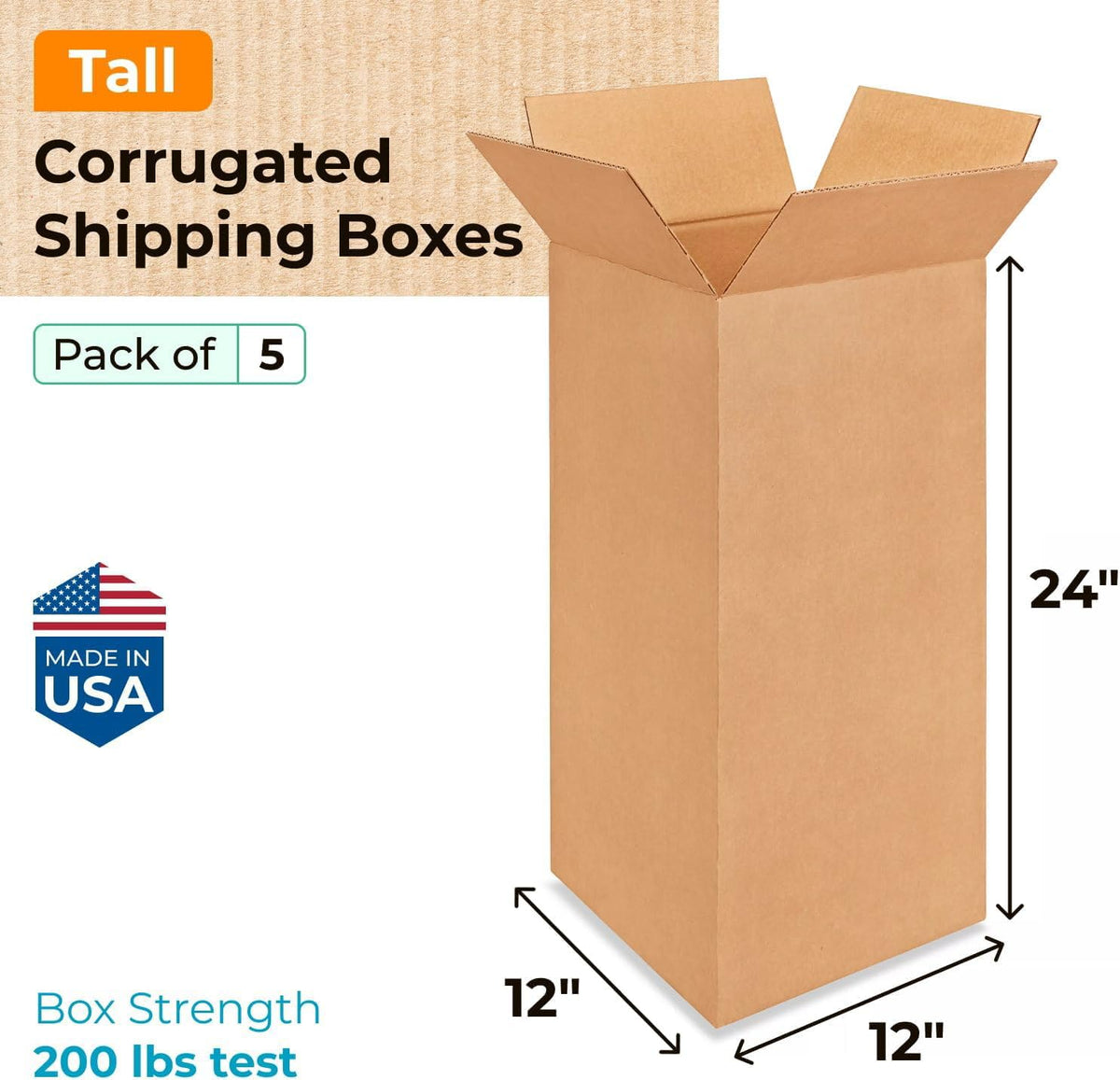 Tall Moving & Shipping Boxes 12 x 12 x 24 inches (5-Pack) - Extra Strength 200 lb vs Regular - Corrugated Moving