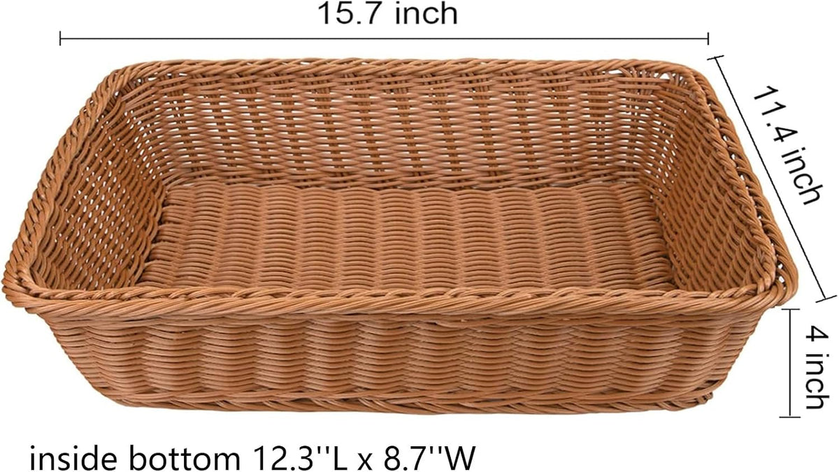 2 Pack Woven Bread Basket, Plastic Wicker Fruit Baskets 15.7 x 11.4 Inch, Imitation Rattan Food Serving Trays for