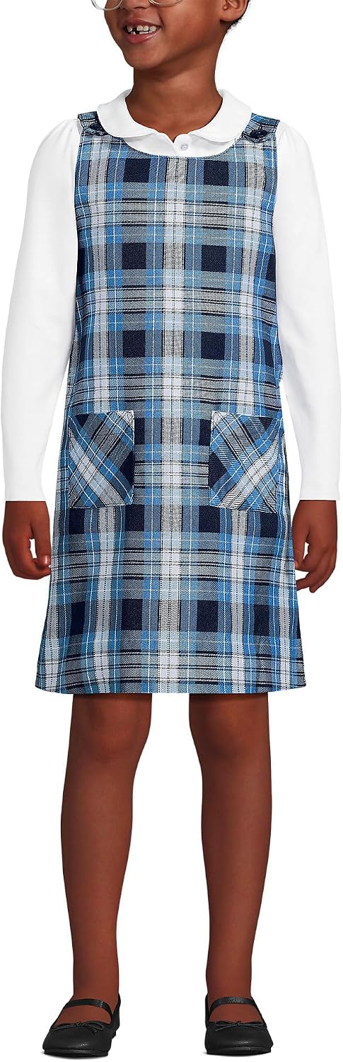 Girls Plaid Button Shoulder Patch Pocket Jumper 3 Clear Blue Plaid