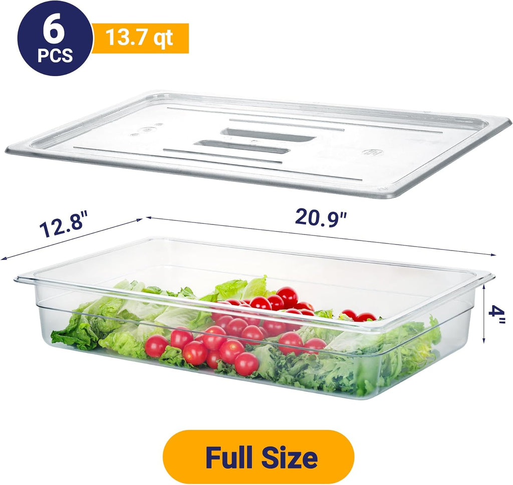 6 Pack Full Size 4'' Deep NSF Polycarbonate Food Pans with Lids