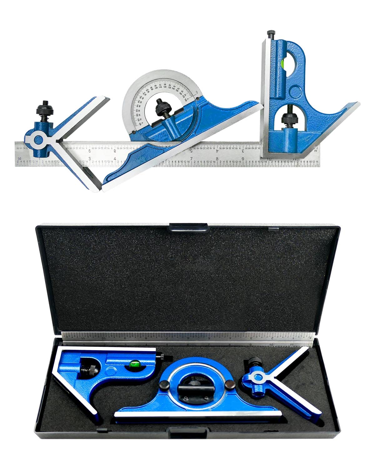 12" 4 Combination Square Ruler Set Protractor Satin, 4-R Graduation, Blue
