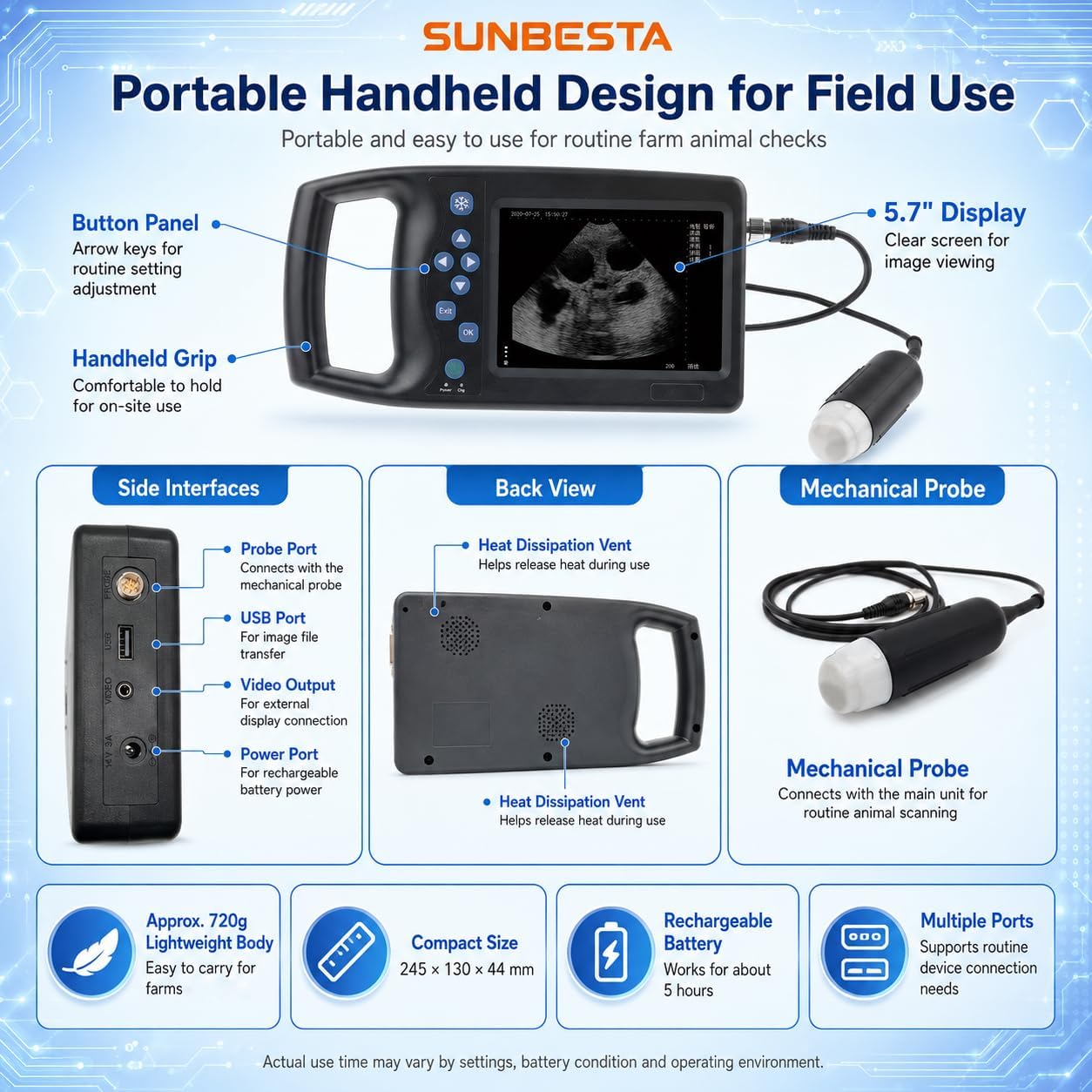 S-M6 Portable Veterinary Ultrasound Scanner with Heated 3.5MHz Sector Probe