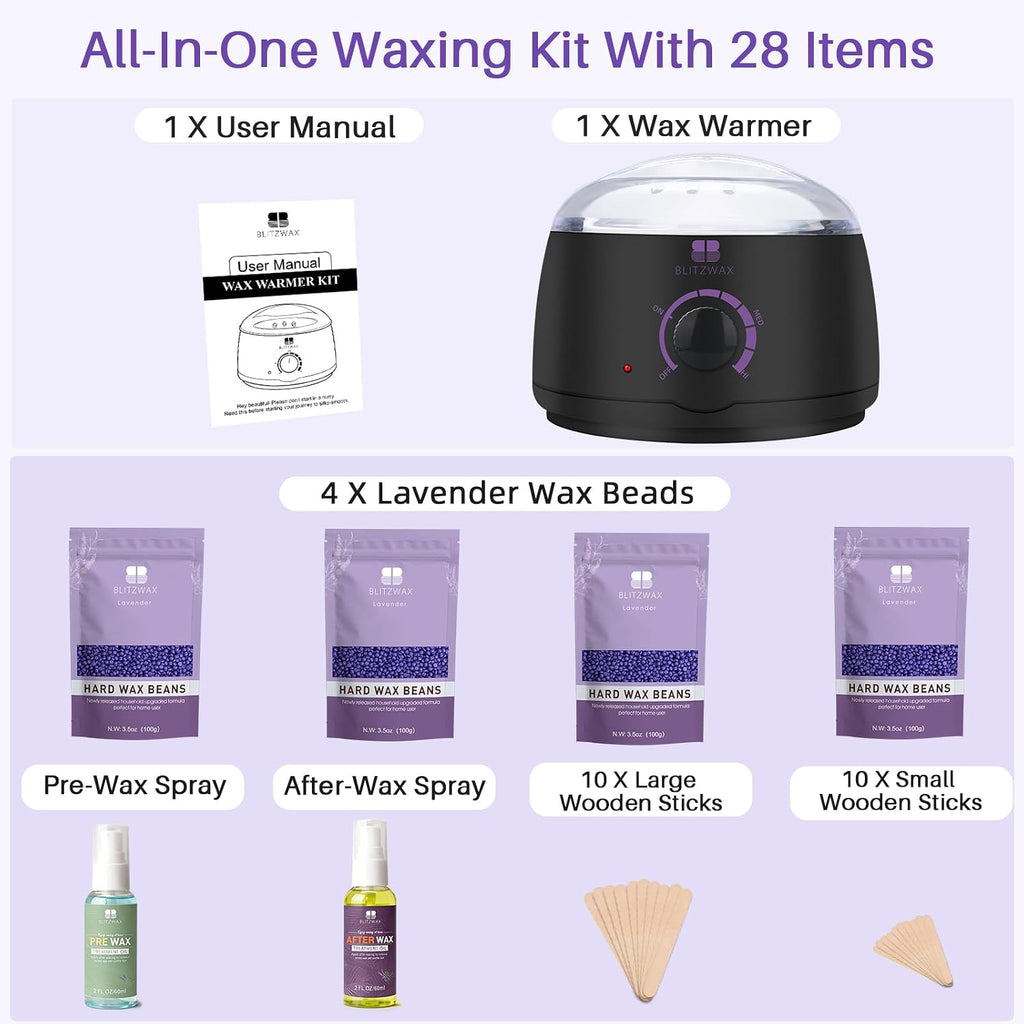 Waxing Kit for Women, Wax Warmer, Brazilian Bikini 28 Items | Quick Heating Pot, Face Legs Underarms, Beginner