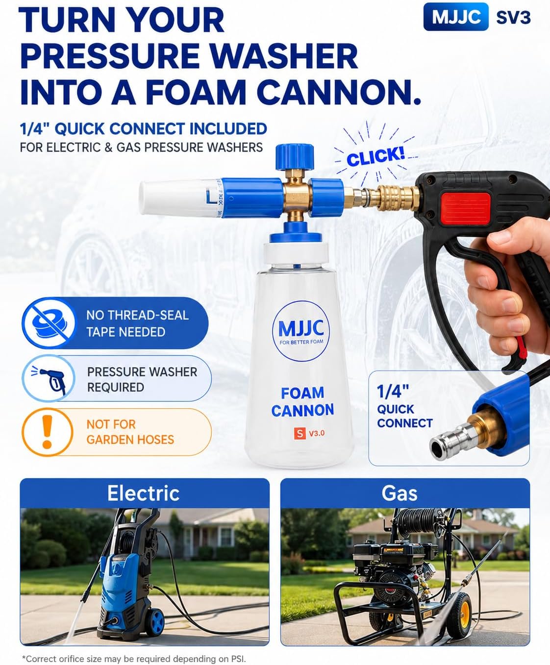 Foam Cannon S V3.0 (Thicker Snow Foam Technology) with 1/4 Inch Quick Connector for Pressure Washer & MJJC Foam