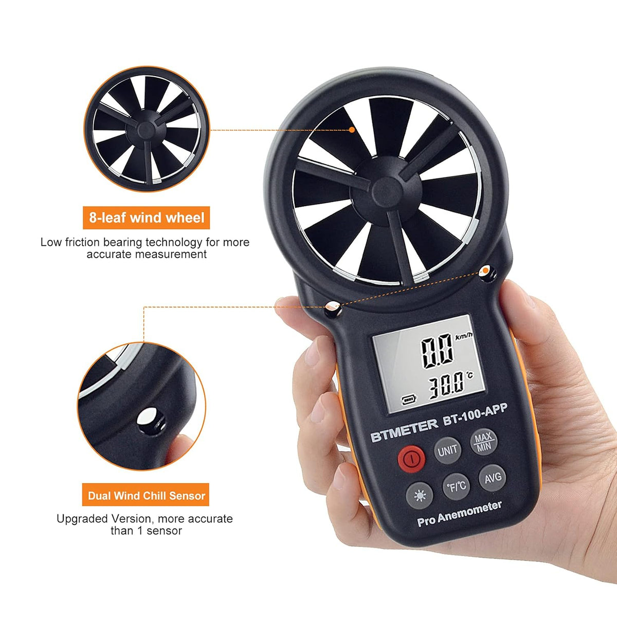 BTMETER BT-100APP Bluetooth Anemometer, Handheld Wind Speed Meter with App