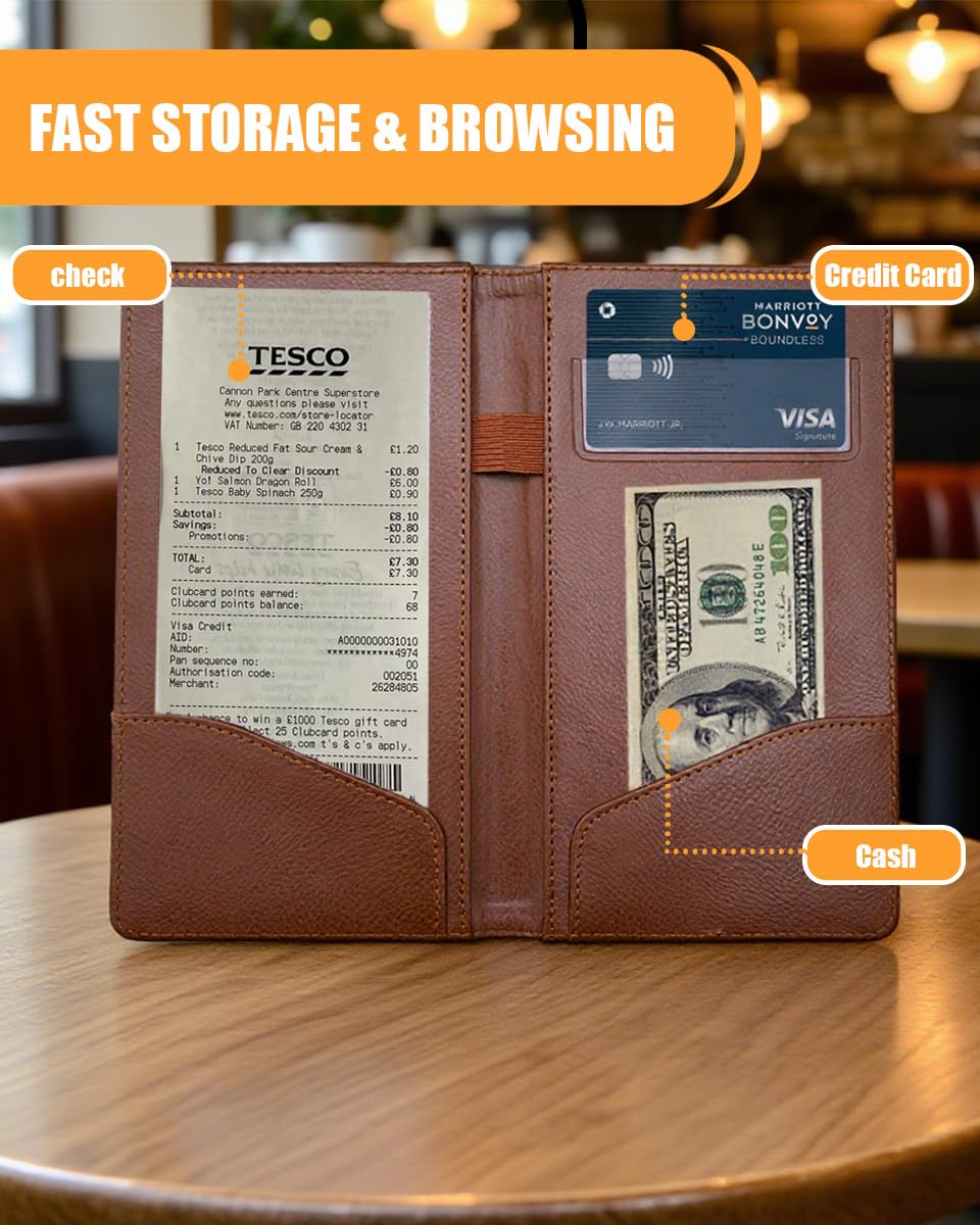 Check Presenters for Restaurant, PU Leather 5 Packs Guest Check Book Waitress Books for Servers (5 Packs, Brown)